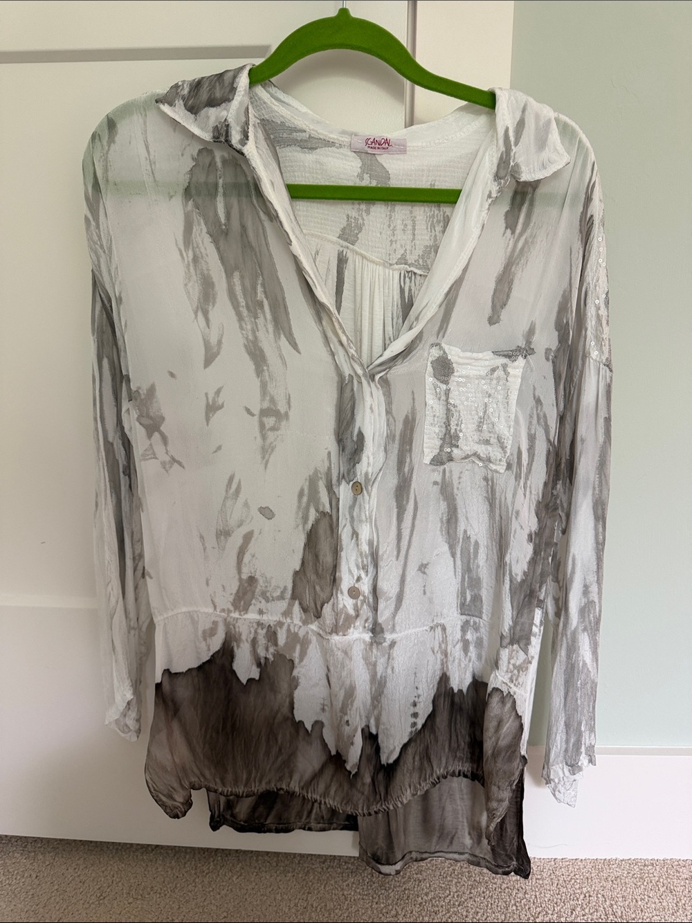 Scandal Italy Artistic Grey Brown TieDye Blouse with Sequined Pocket & Back